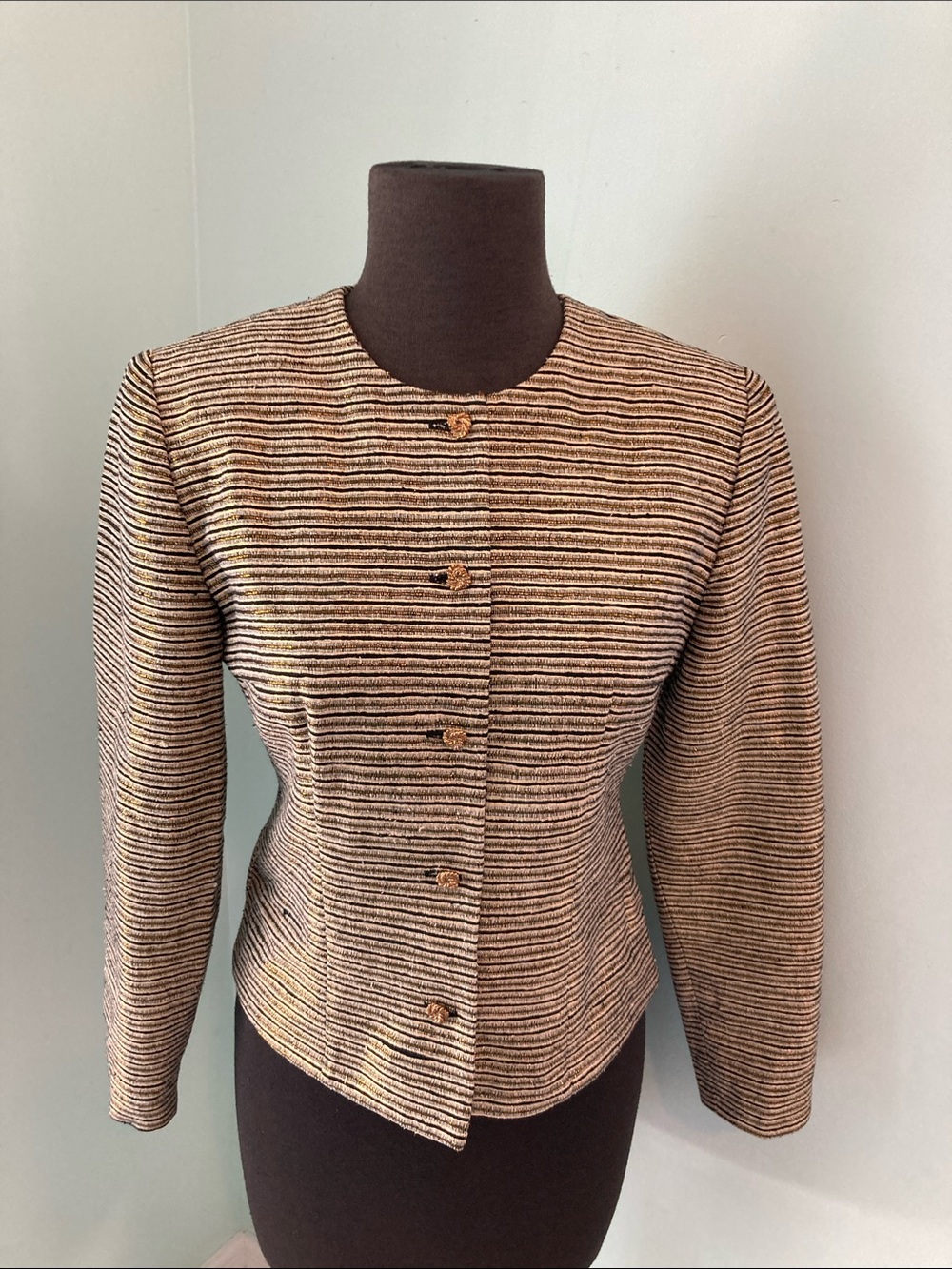 Maggy London Womens Striped Tweed Button-Front Jacket - Black & Cream